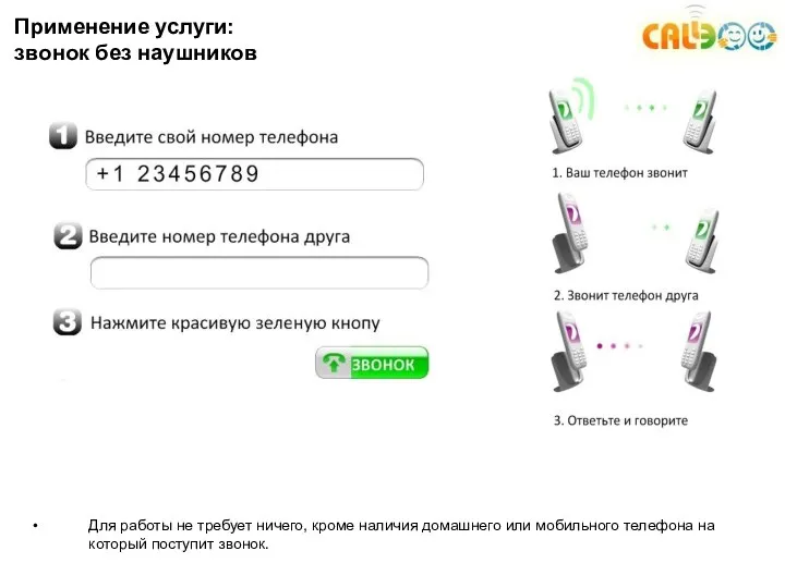 Применение услуги: звонок без наушников Для работы не требует ничего, кроме