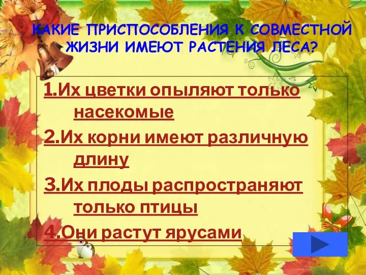 Какие приспособления к совместной жизни имеют растения леса? 1.Их цветки опыляют