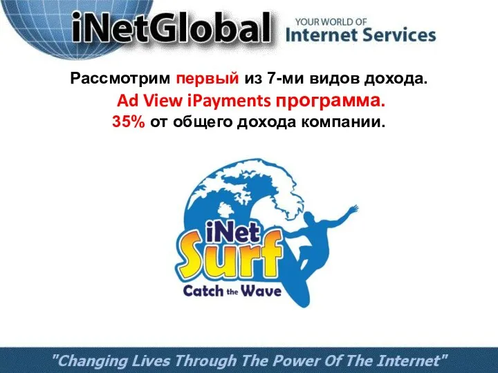 Рассмотрим первый из 7-ми видов дохода. Ad View iPayments программа. 35% от общего дохода компании.