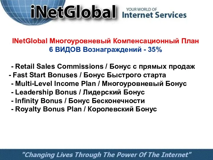 INetGlobal Многоуровневый Компенсационный План 6 ВИДОВ Вознаграждений - 35% - Retail