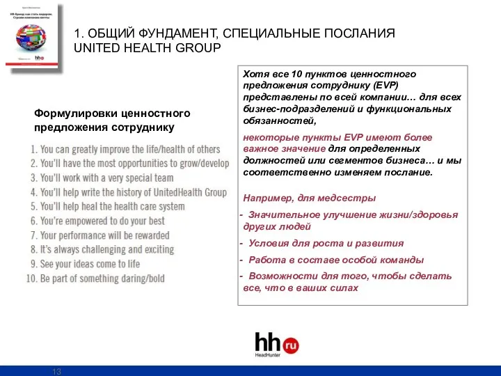 1. ОБЩИЙ ФУНДАМЕНТ, СПЕЦИАЛЬНЫЕ ПОСЛАНИЯ UNITED HEALTH GROUP Формулировки ценностного предложения