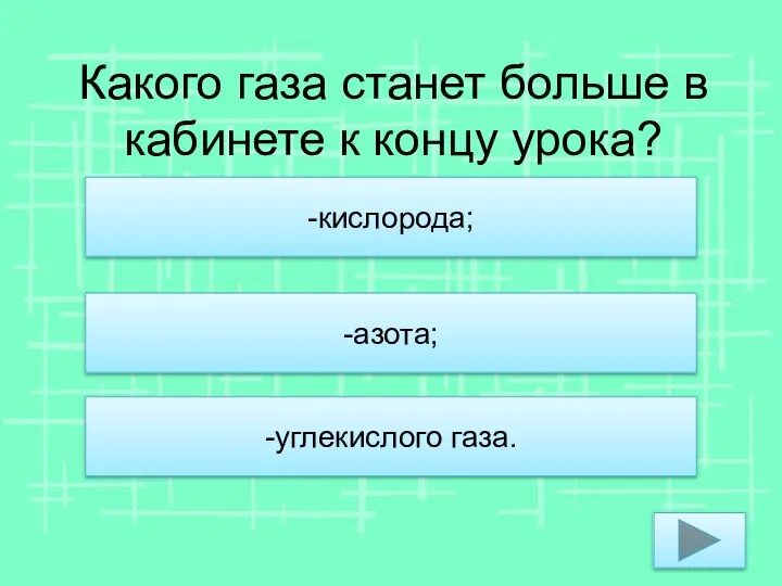 Какого газа станет больше в кабинете к концу урока? -кислорода; -азота; -углекислого газа.