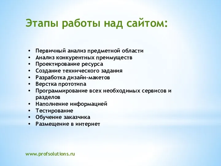 Этапы работы над сайтом: Первичный анализ предметной области Анализ конкурентных преимуществ