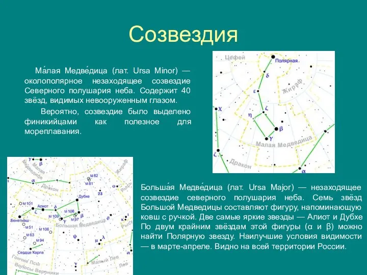 Созвездия Ма́лая Медве́дица (лат. Ursa Minor) — околополярное незаходящее созвездие Северного