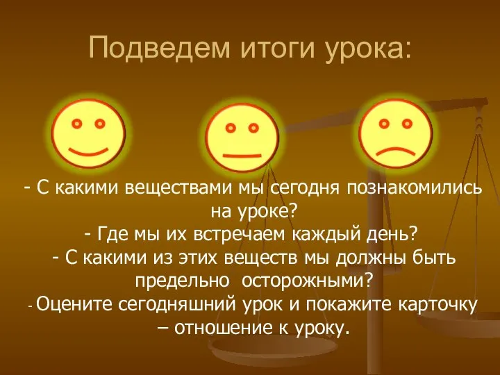 Подведем итоги урока: - С какими веществами мы сегодня познакомились на