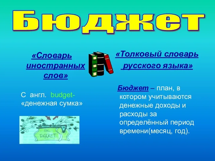 Бюджет «Словарь иностранных слов» С англ. budget- «денежная сумка» «Толковый словарь