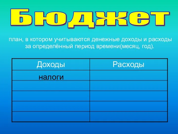 Бюджет план, в котором учитываются денежные доходы и расходы за определённый период времени(месяц, год). налоги