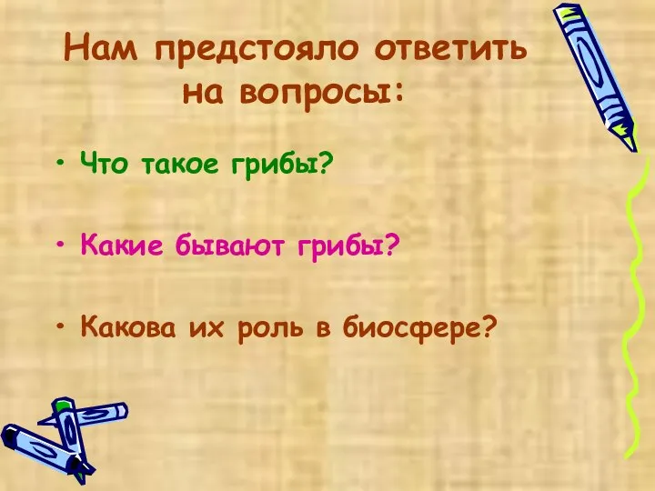 Нам предстояло ответить на вопросы: Что такое грибы? Какие бывают грибы? Какова их роль в биосфере?