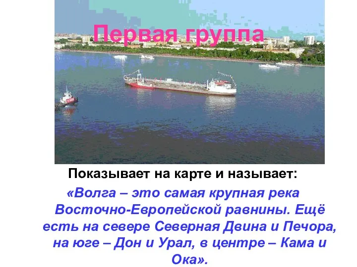 Первая группа Показывает на карте и называет: «Волга – это самая