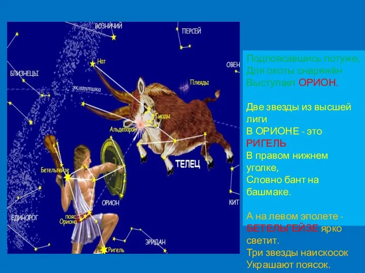 Подпоясавшись Подпоясавшись потуже, Для охоты снаряжён Выступает ОРИОН. Две звезды из