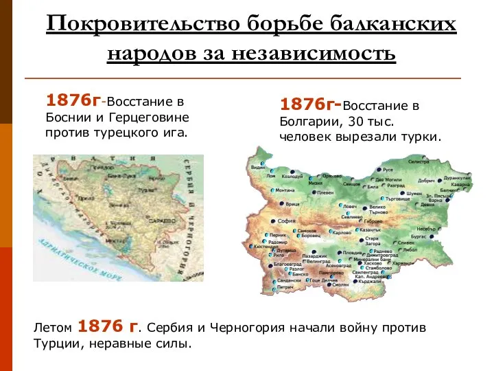 1876г-Восстание в Болгарии, 30 тыс. человек вырезали турки. 1876г-Восстание в Боснии