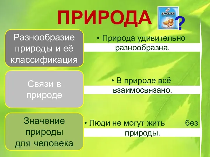 ПРИРОДА Природа удивительно разнообразна. В природе всё взаимосвязано. Люди не могут