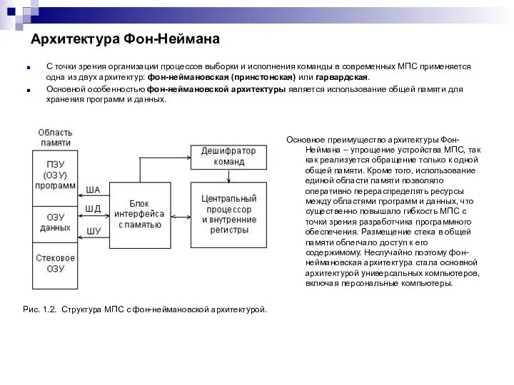 Архитектура Фон-Неймана С точки зрения организации процессов выборки и исполнения команды