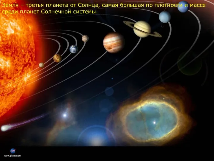 Земля – третья планета от Солнца, самая большая по плотности и массе среди планет Солнечной системы.
