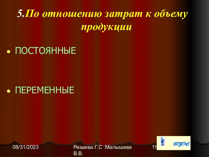 Резаева Г.С .Малышева В.В. 08/31/2023 По отношению затрат к объему продукции ПОСТОЯННЫЕ ПЕРЕМЕННЫЕ