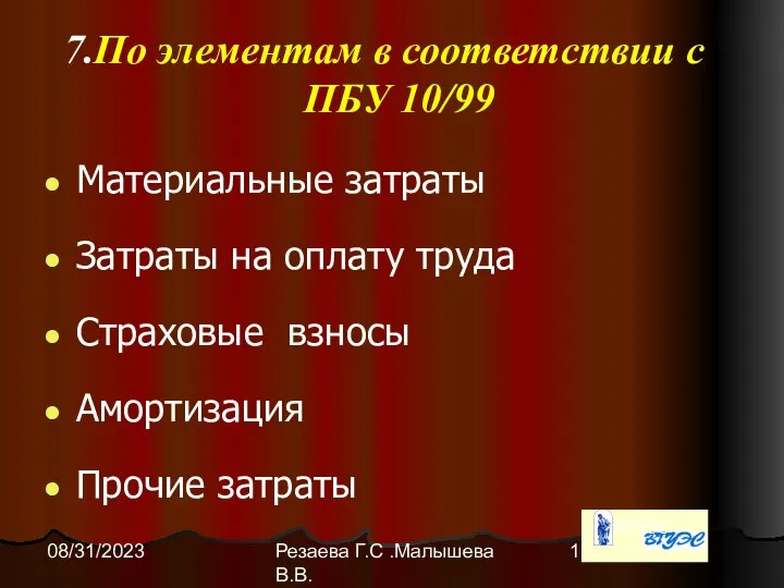 Резаева Г.С .Малышева В.В. 08/31/2023 По элементам в соответствии с ПБУ