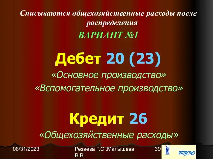Резаева Г.С .Малышева В.В. 08/31/2023 Списываются общехозяйственные расходы после распределения ВАРИАНТ