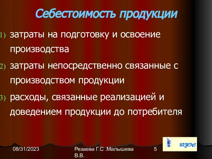 Резаева Г.С .Малышева В.В. 08/31/2023 Себестоимость продукции затраты на подготовку и