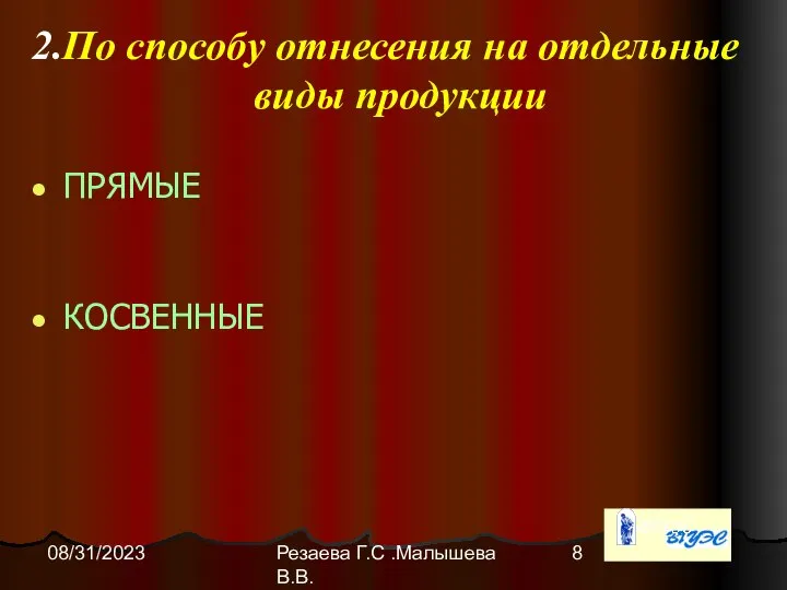 Резаева Г.С .Малышева В.В. 08/31/2023 По способу отнесения на отдельные виды продукции ПРЯМЫЕ КОСВЕННЫЕ