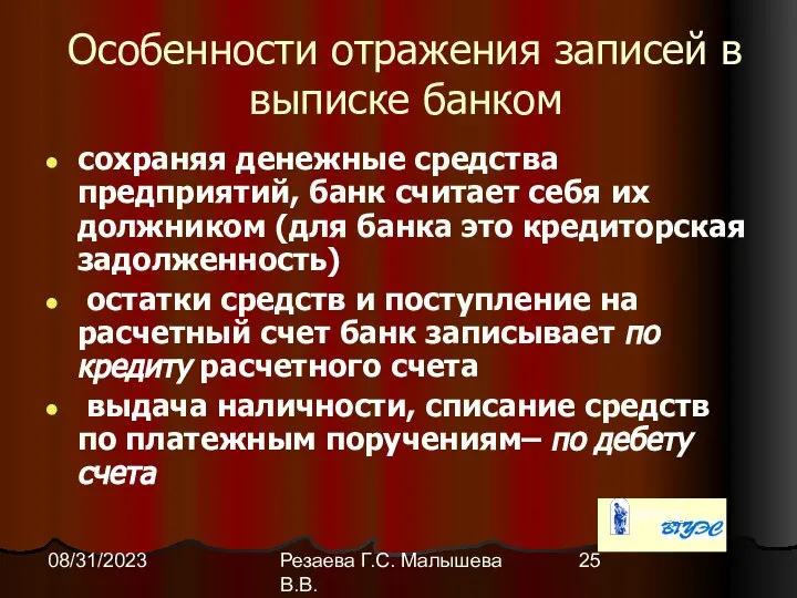 Резаева Г.С. Малышева В.В. 08/31/2023 Особенности отражения записей в выписке банком