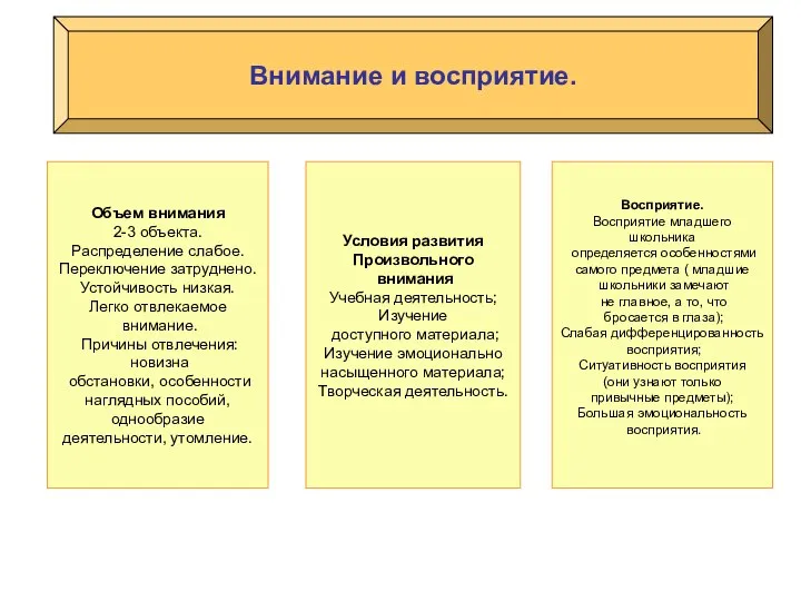 Внимание и восприятие. Объем внимания 2-3 объекта. Распределение слабое. Переключение затруднено.