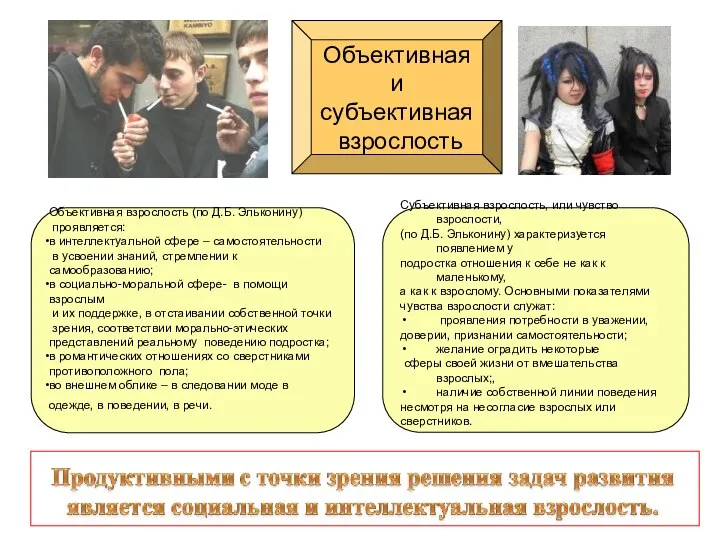 Субъективная взрослость, или чувство взрослости, (по Д.Б. Эльконину) характеризуется появлением у