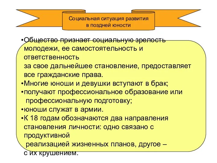 Социальная ситуация развития в поздней юности Общество признает социальную зрелость молодежи,