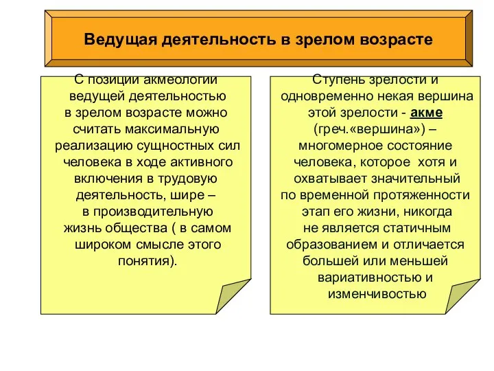 . Ведущая деятельность в зрелом возрасте Ступень зрелости и одновременно некая