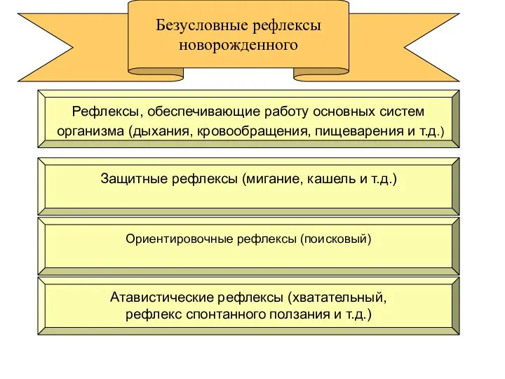 Безусловные рефлексы новорожденного Атавистические рефлексы (хватательный, рефлекс спонтанного ползания и т.д.)