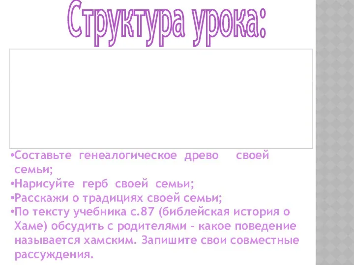 Структура урока: Составьте генеалогическое древо своей семьи; Нарисуйте герб своей семьи;