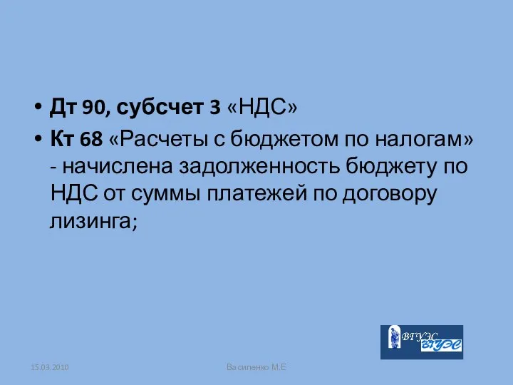 Дт 90, субсчет 3 «НДС» Кт 68 «Расчеты с бюджетом по