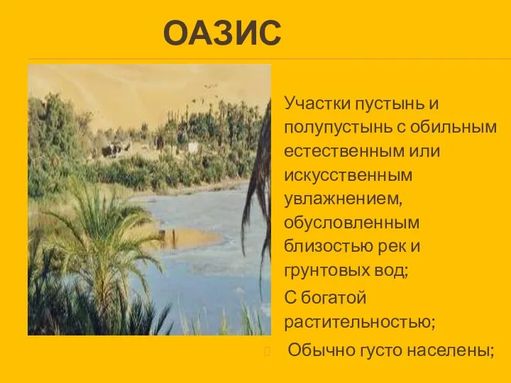 Оазис Участки пустынь и полупустынь с обильным естественным или искусственным увлажнением,