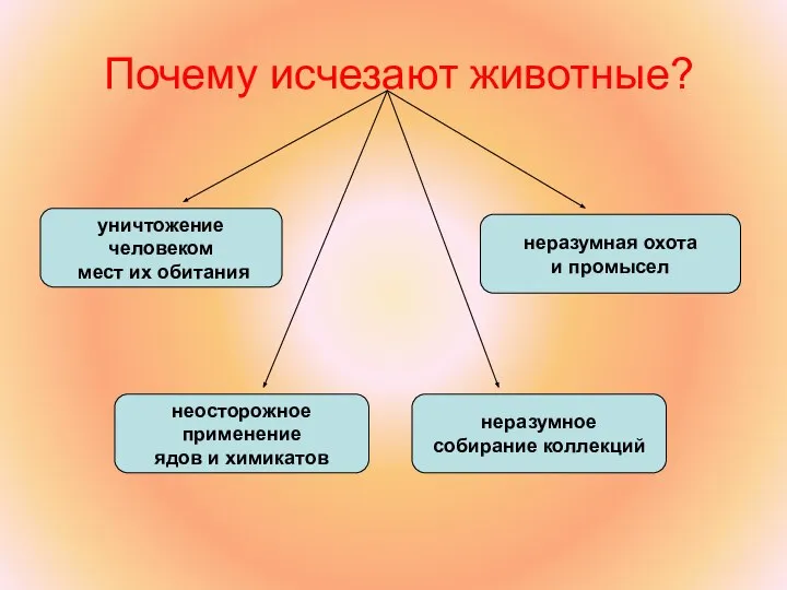 Почему исчезают животные? уничтожение человеком мест их обитания неосторожное применение ядов