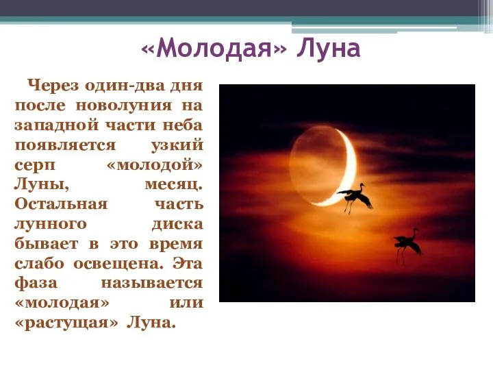 «Молодая» Луна Через один-два дня после новолуния на западной части неба