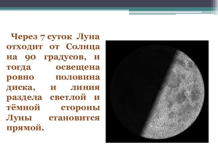 Через 7 суток Луна отходит от Солнца на 90 градусов, и