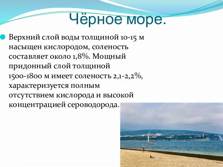 Чёрное море. Верхний слой воды толщиной 10-15 м насыщен кислородом, соленость