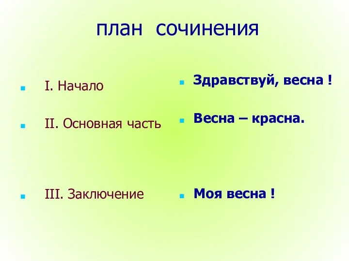 план сочинения I. Начало II. Основная часть III. Заключение Здравствуй, весна