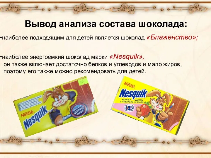 Вывод анализа состава шоколада: наиболее подходящим для детей является шоколад «Блаженство»;