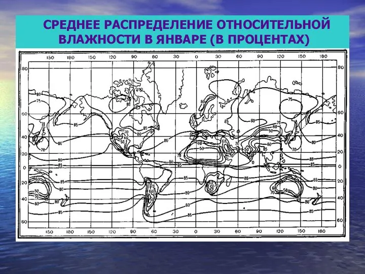 СРЕДНЕЕ РАСПРЕДЕЛЕНИЕ ОТНОСИТЕЛЬНОЙ ВЛАЖНОСТИ В ЯНВАРЕ (В ПРОЦЕНТАХ) СРЕДНЕЕ РАСПРЕДЕЛЕНИЕ ОТНОСИТЕЛЬНОЙ ВЛАЖНОСТИ В ЯНВАРЕ (В ПРОЦЕНТАХ)