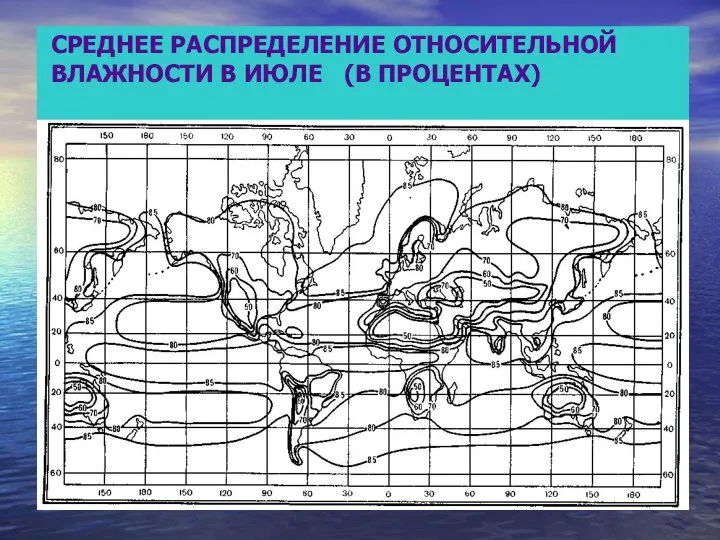 СРЕДНЕЕ РАСПРЕДЕЛЕНИЕ ОТНОСИТЕЛЬНОЙ ВЛАЖНОСТИ В ИЮЛЕ (В ПРОЦЕНТАХ) СРЕДНЕЕ РАСПРЕДЕЛЕНИЕ ОТНОСИТЕЛЬНОЙ ВЛАЖНОСТИ В ИЮЛЕ (В ПРОЦЕНТАХ)