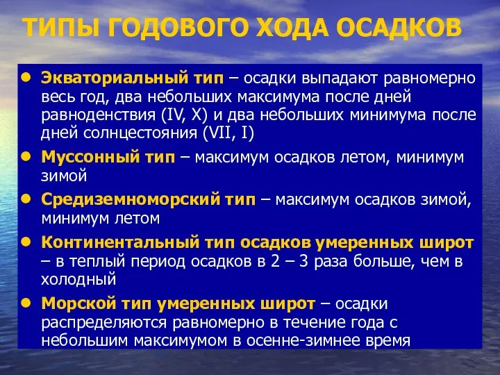 ТИПЫ ГОДОВОГО ХОДА ОСАДКОВ Экваториальный тип – осадки выпадают равномерно весь