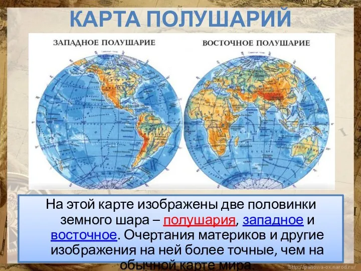 Карта полушарий На этой карте изображены две половинки земного шара –