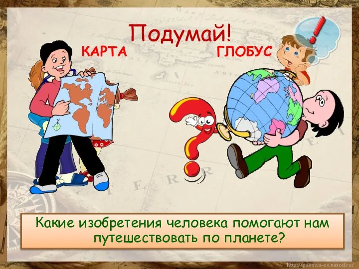 Подумай! Какие изобретения человека помогают нам путешествовать по планете? ГЛОБУС КАРТА