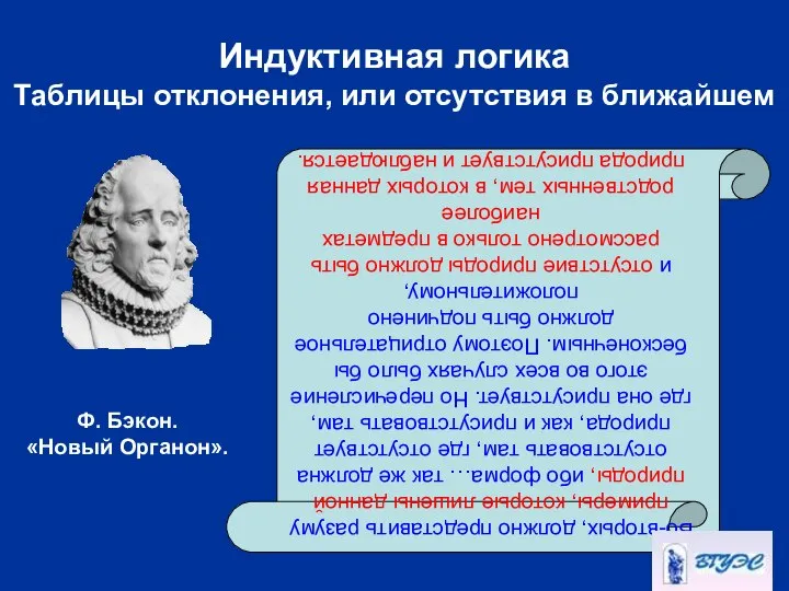 Индуктивная логика Таблицы отклонения, или отсутствия в ближайшем Ф. Бэкон. «Новый