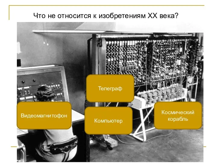 Что не относится к изобретениям XX века? Телеграф Видеомагнитофон Космический корабль Компьютер