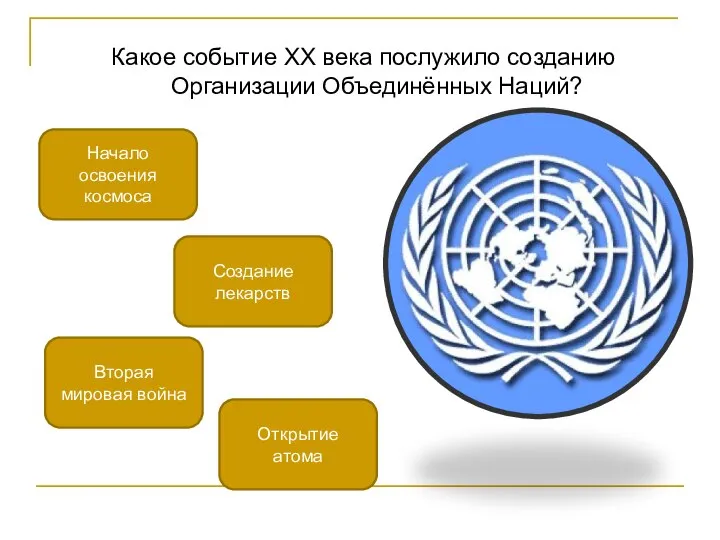 Какое событие XX века послужило созданию Организации Объединённых Наций? Вторая мировая