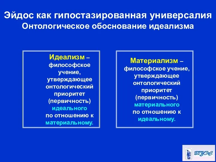 Эйдос как гипостазированная универсалия Онтологическое обоснование идеализма Идеализм – философское учение,