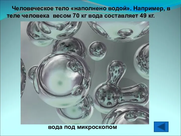 Человеческое тело «наполнено водой». Например, в теле человека весом 70 кг