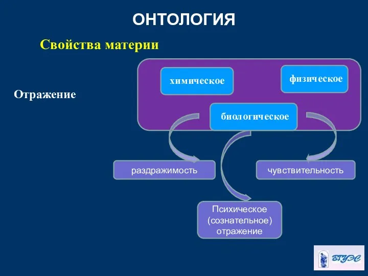 ОНТОЛОГИЯ Отражение Свойства материи раздражимость Психическое (сознательное) отражение чувствительность химическое биологическое физическое