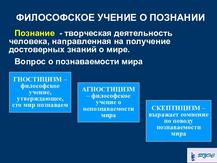 ФИЛОСОФСКОЕ УЧЕНИЕ О ПОЗНАНИИ Познание - творческая деятельность человека, направленная на